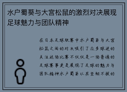 水户蜀葵与大宫松鼠的激烈对决展现足球魅力与团队精神